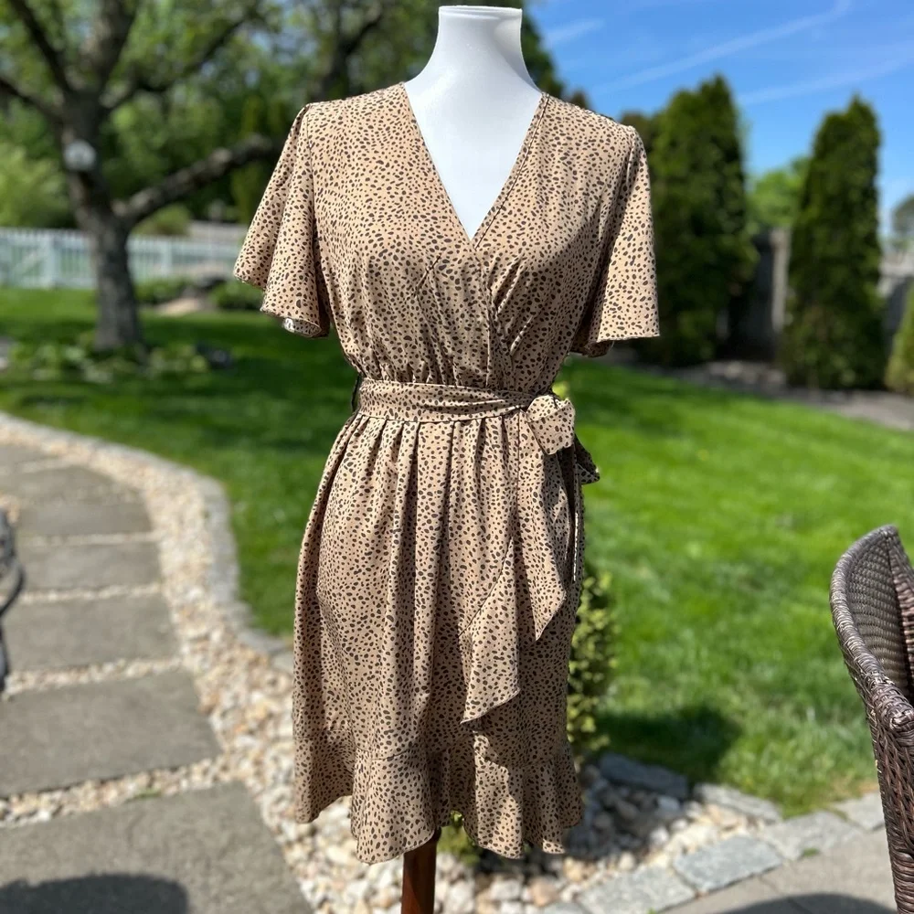 Elegant Brown Polka Dot Wrap Dress